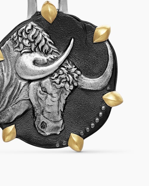 Mens Taurus Amulet in Sterling Silver with 18K Yellow Gold, 23mm