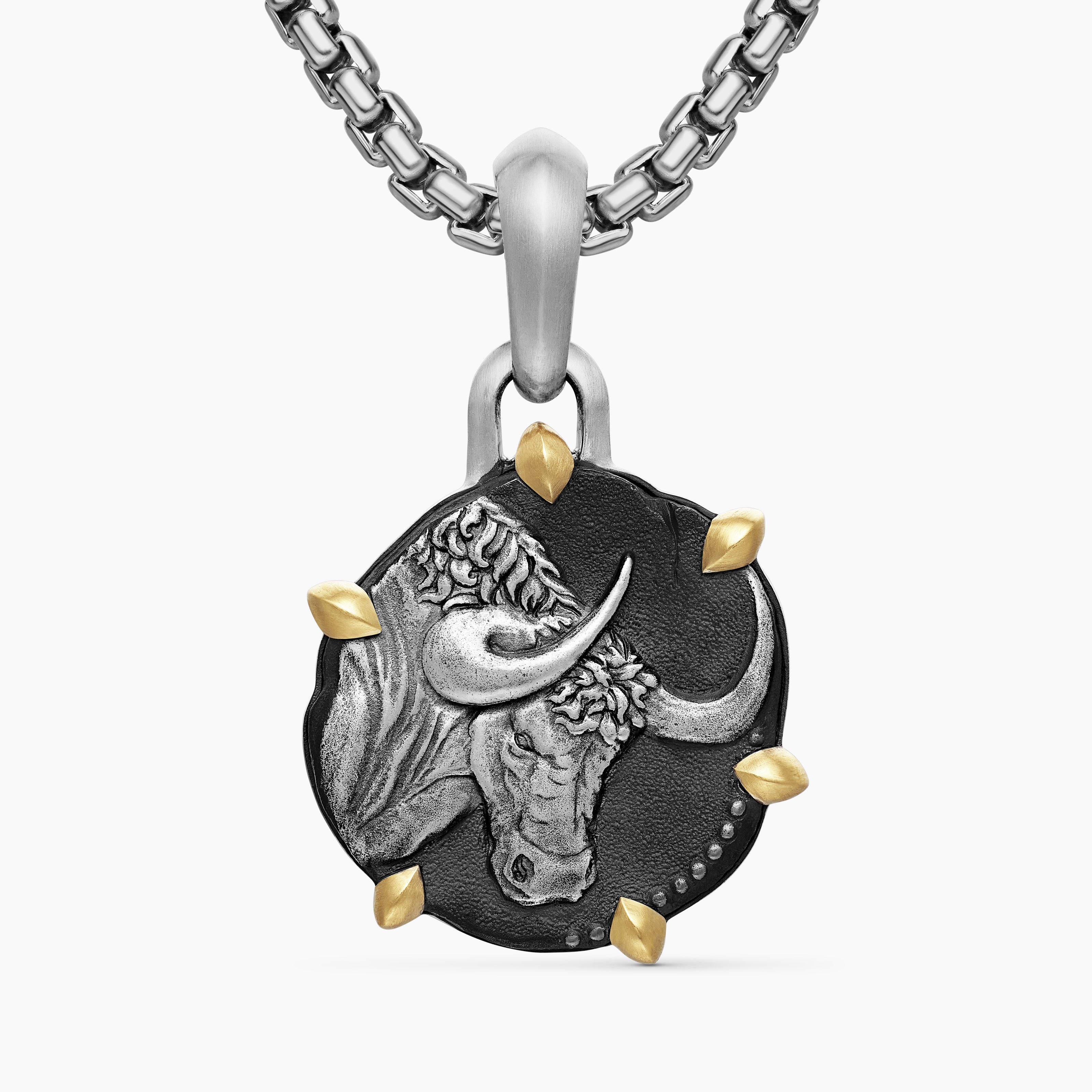 Mens Taurus Amulet in Sterling Silver with 18K Yellow Gold, 23mm