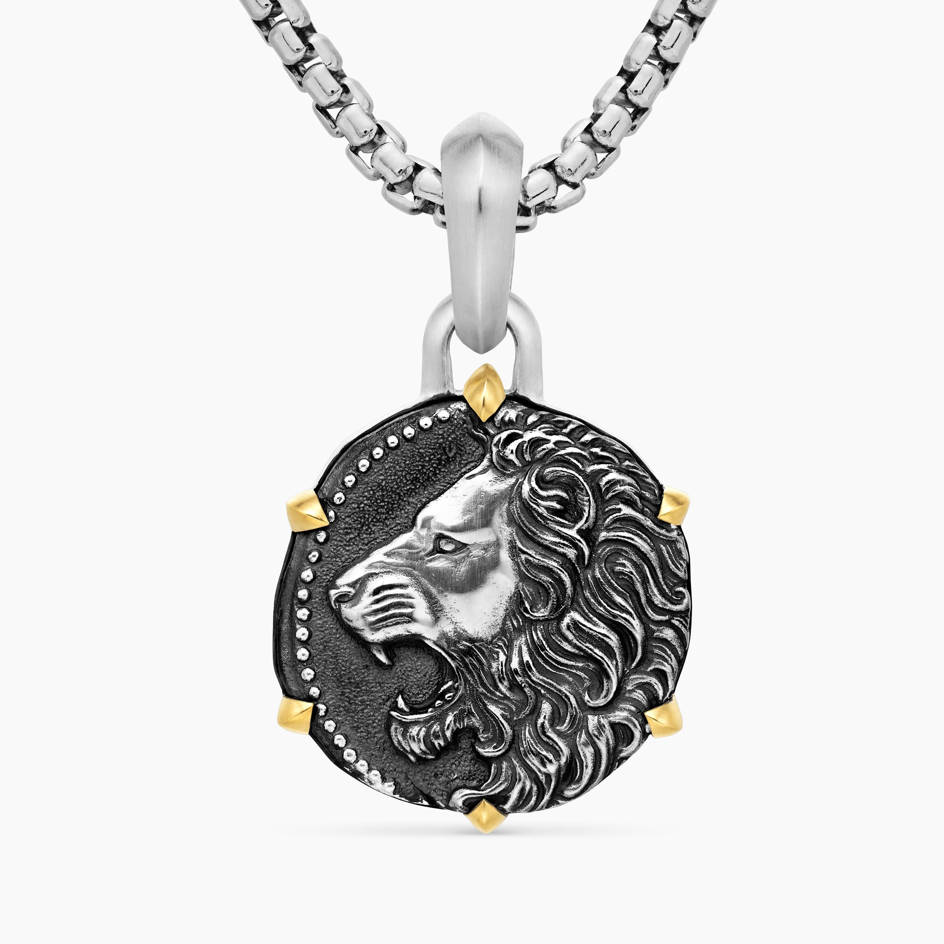 Mens Leo Amulet in Sterling Silver with 18K Yellow Gold, 23mm