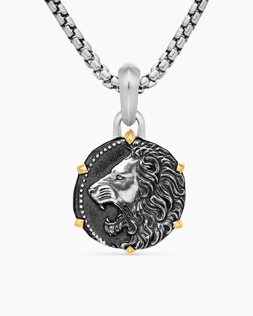 Mens Leo Amulet in Sterling Silver with 18K Yellow Gold, 23mm