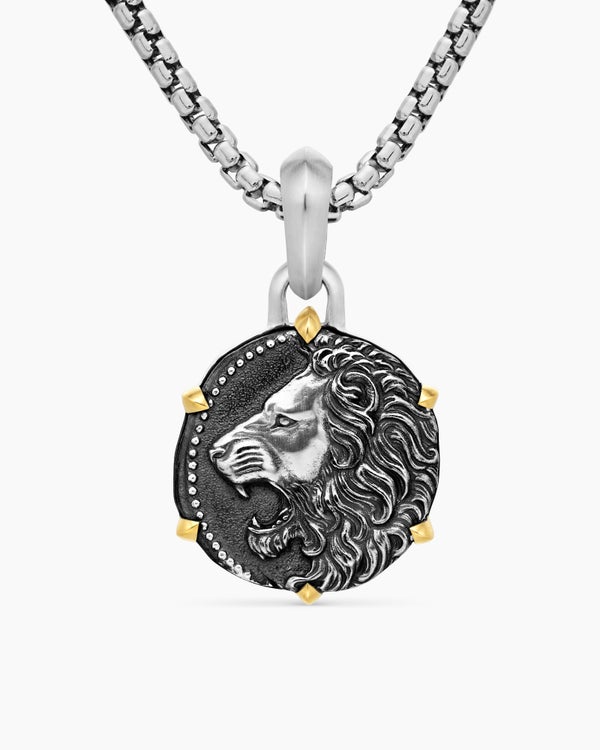 Amulette Lion en argent sterling avec or jaune 18 carats, 33 mm
