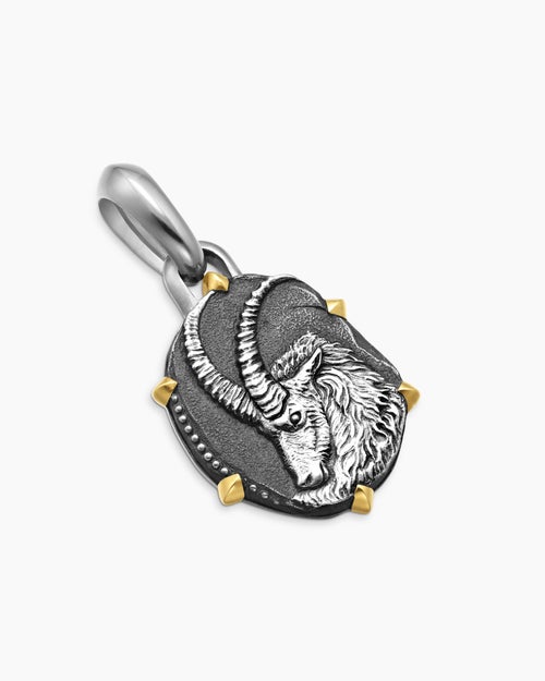 Mens Capricorn Amulet in Sterling Silver with 18K Yellow Gold, 23mm