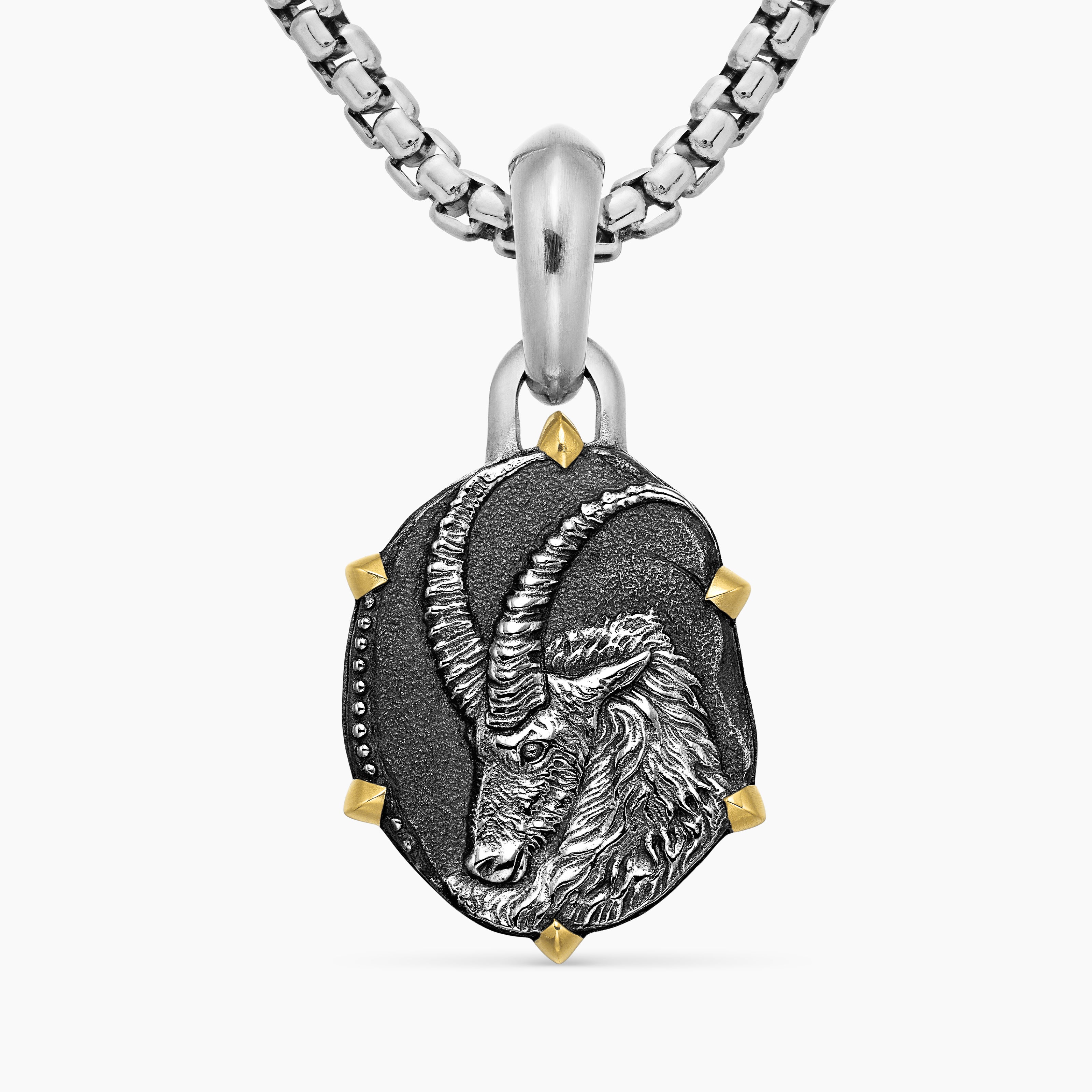 Mens Capricorn Amulet in Sterling Silver with 18K Yellow Gold, 23mm