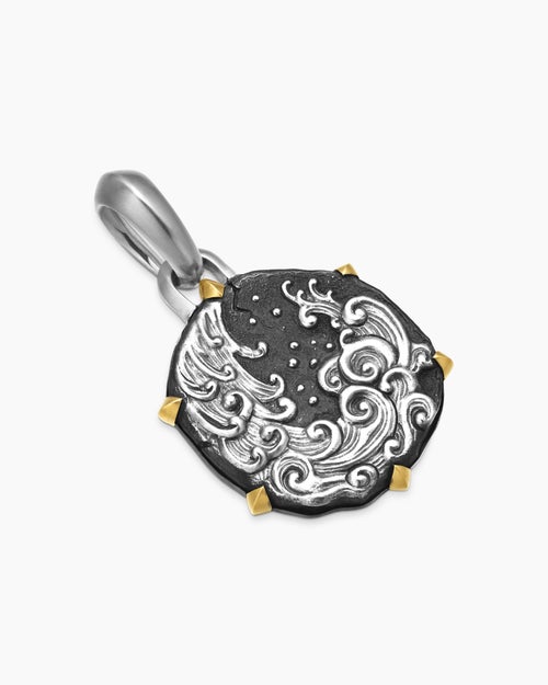 Mens Aquarius Amulet in Sterling Silver with 18K Yellow Gold, 23mm