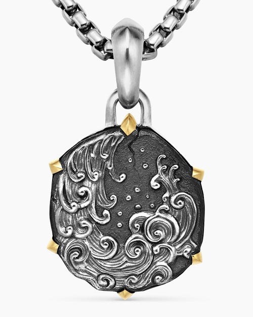 Mens Aquarius Amulet in Sterling Silver with 18K Yellow Gold, 23mm