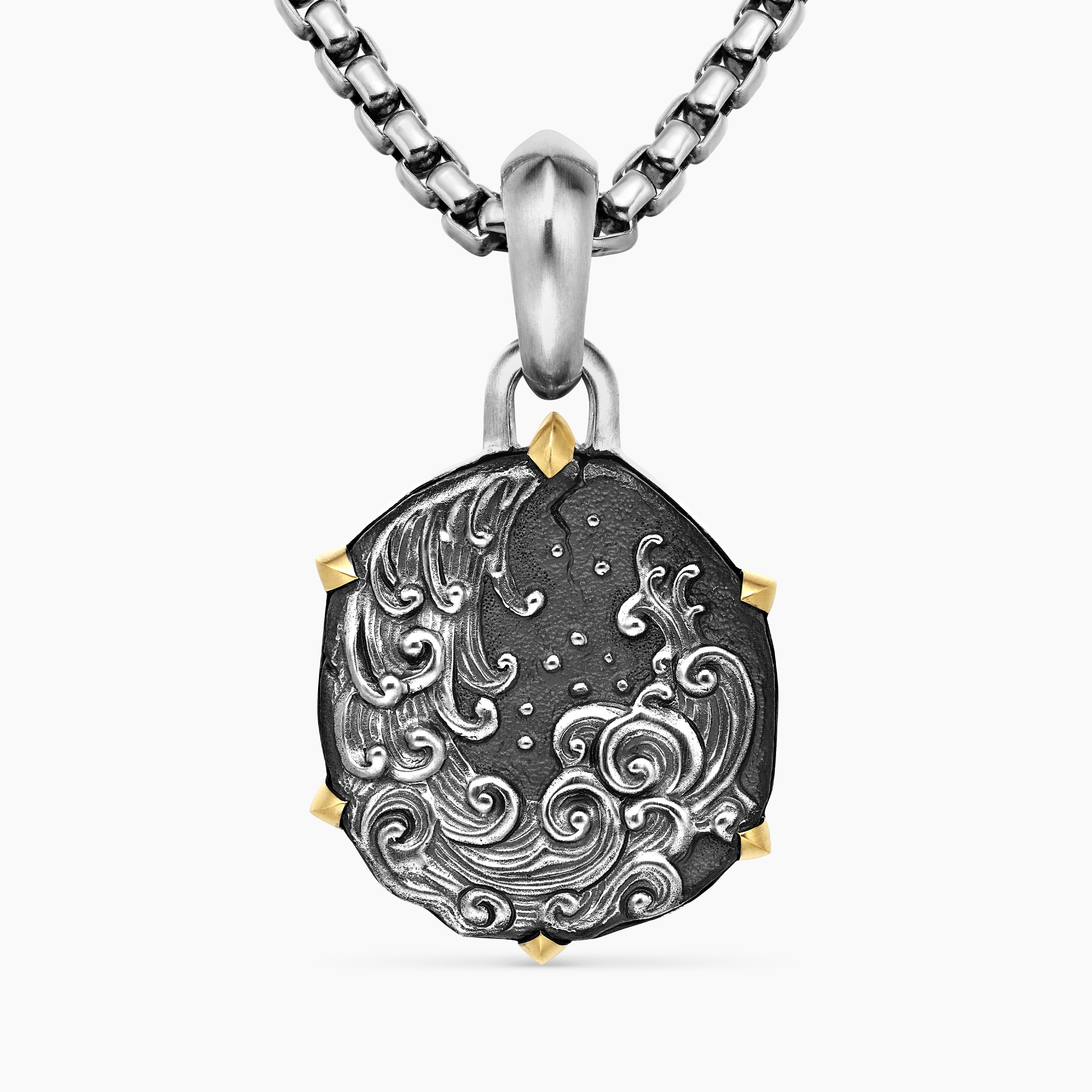 Mens Aquarius Amulet in Sterling Silver with 18K Yellow Gold, 23mm
