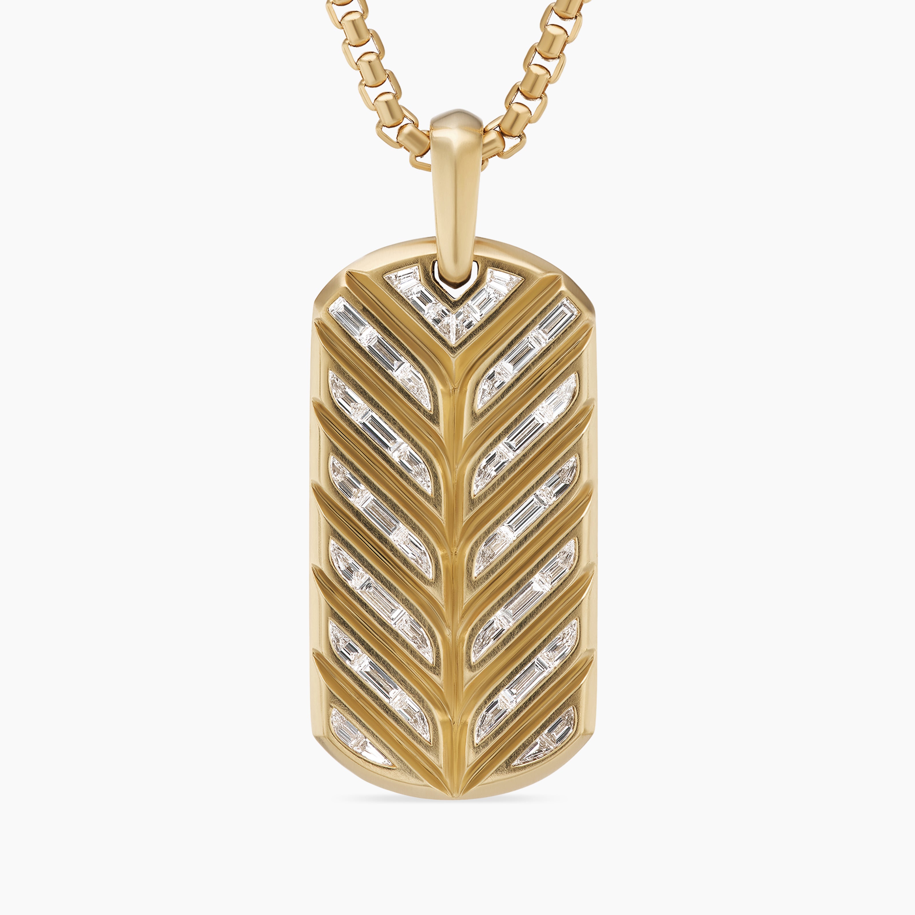 Mens Chevron Tag in 18K Yellow Gold with Diamond Baguettes, 35mm