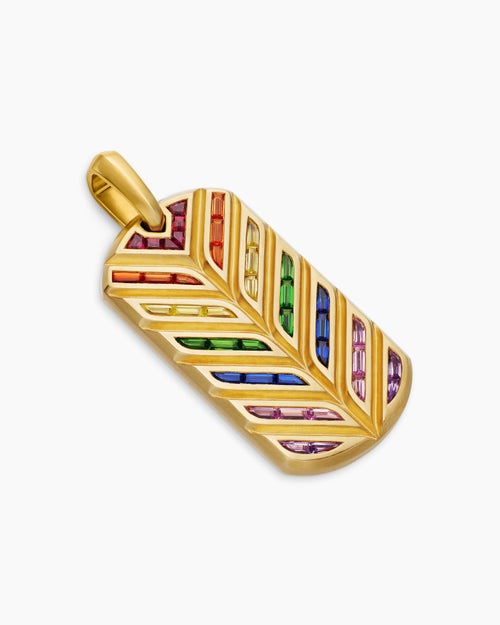 Mens Chevron Tag in 18K Yellow Gold with Rainbow Baguettes, 35mm