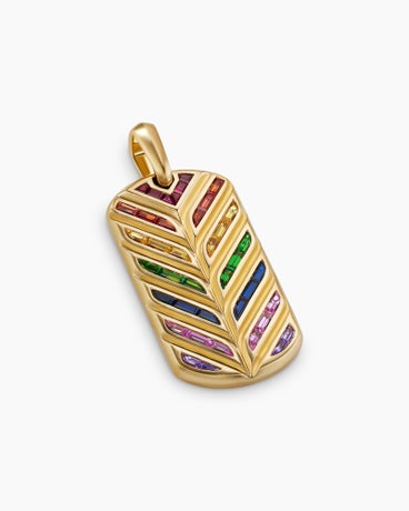 Chevron Tag in 18K Yellow Gold with Rainbow Baguettes, 35mm