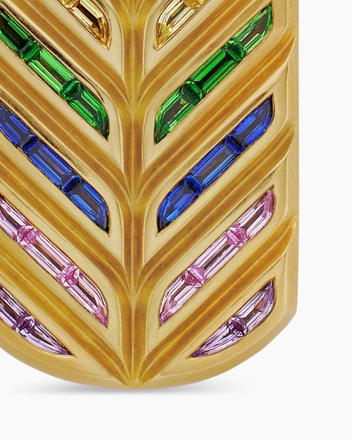Mens Chevron Tag in 18K Yellow Gold with Rainbow Baguettes, 35mm