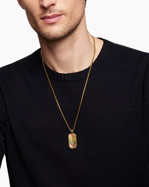 Mens Chevron Tag in 18K Yellow Gold with Rainbow Baguettes, 35mm