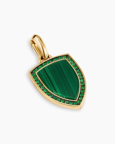 Shield Amulet in 18K Yellow Gold with Malachite and Emeralds, 27mm