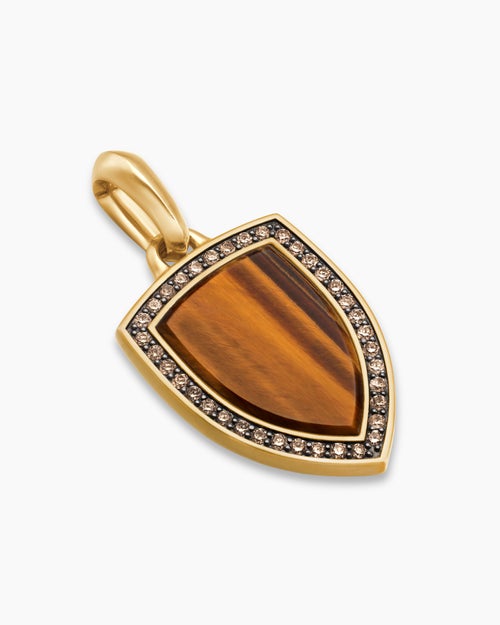 Mens Shield Amulet in 18K Yellow Gold with Tiger’s Eye and Cognac Diamonds, 27mm