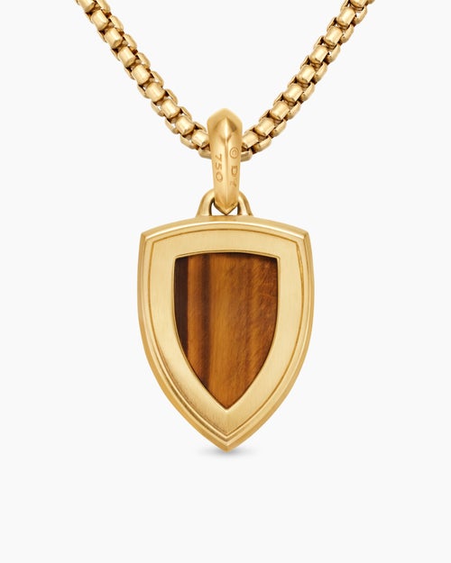 Mens Shield Amulet in 18K Yellow Gold with Tiger’s Eye and Cognac Diamonds, 27mm