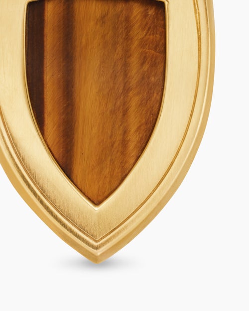 Mens Shield Amulet in 18K Yellow Gold with Tiger’s Eye and Cognac Diamonds, 27mm