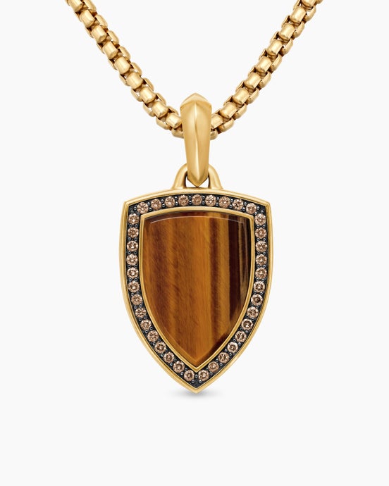Shield Amulet in 18K Yellow Gold with Tiger’s Eye and Cognac Diamonds, 27mm