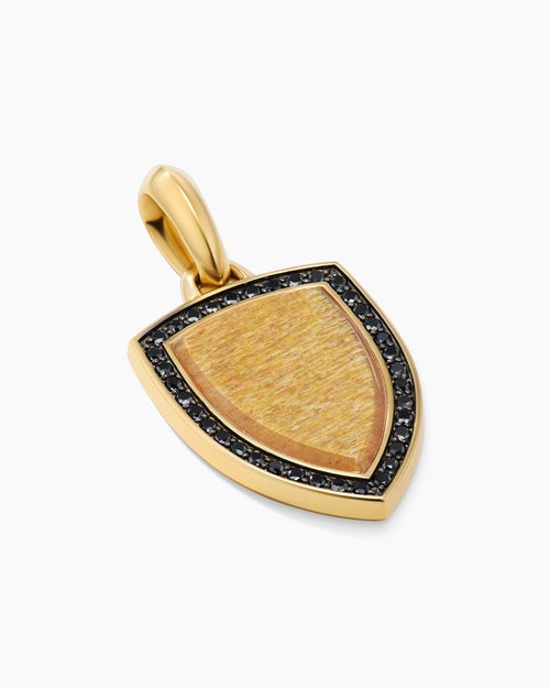 Mens Shield Amulet in 18K Yellow Gold with Golden Sun Stone and Black Diamonds, 27mm