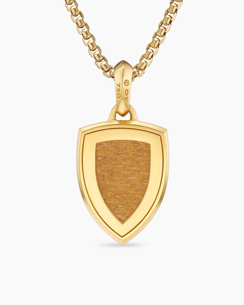 Mens Shield Amulet in 18K Yellow Gold with Golden Sun Stone and Black Diamonds, 27mm