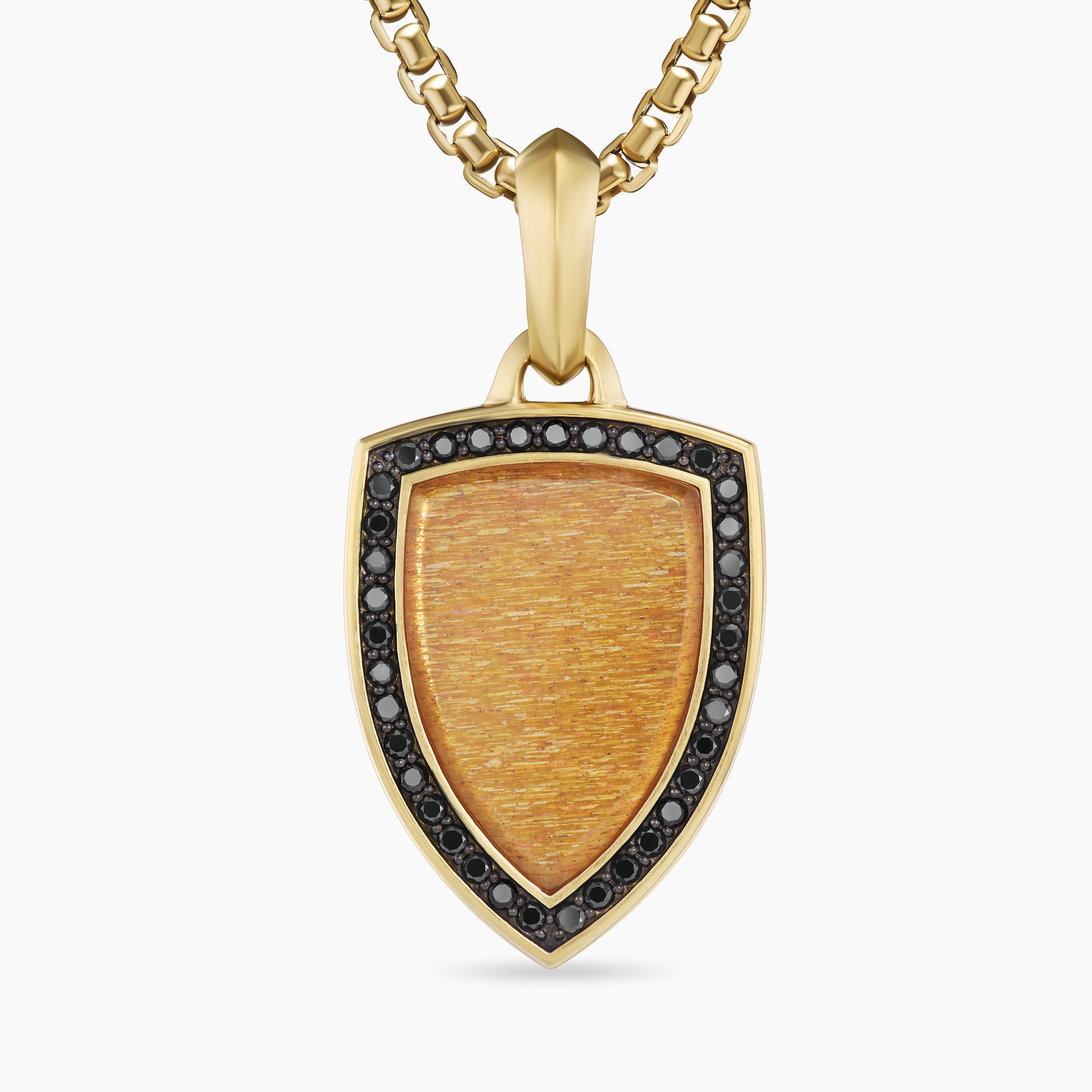 Mens Shield Amulet in 18K Yellow Gold with Golden Sun Stone and Black Diamonds, 27mm