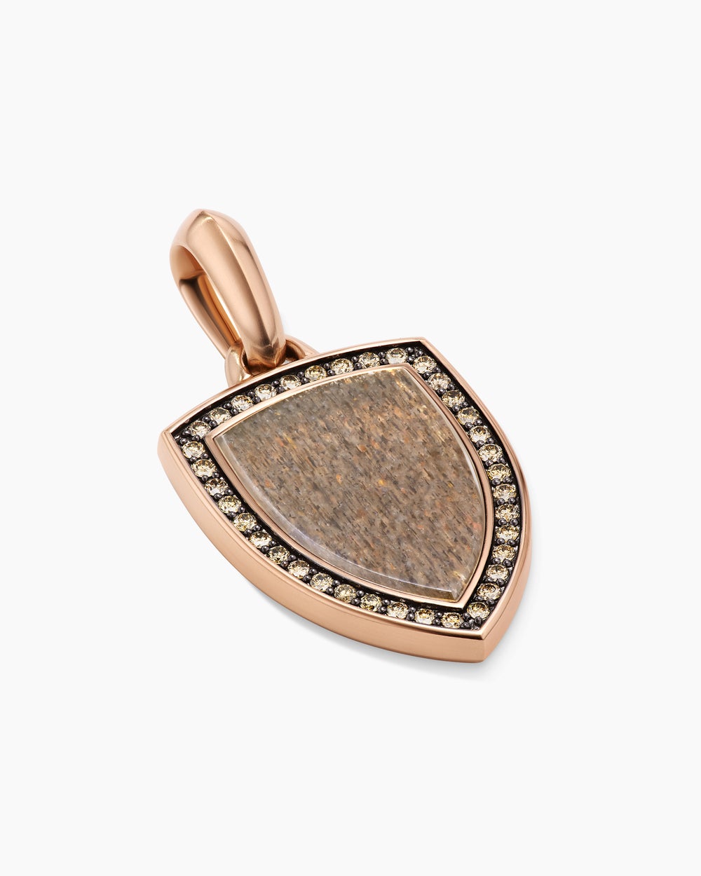 Mens Shield Amulet in 18K Rose Gold with Black Sun Stone and Cognac Diamonds, 27mm