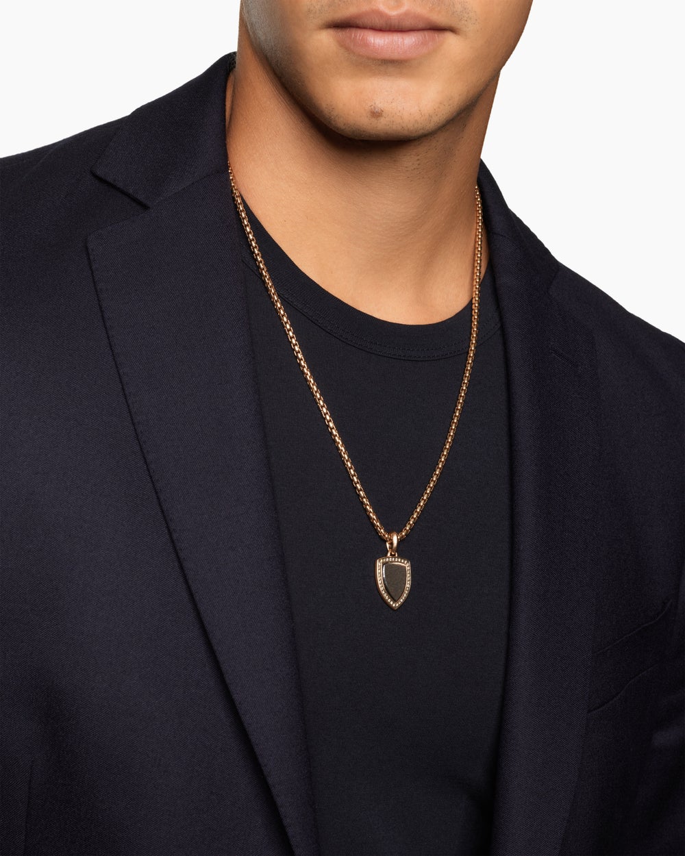 Mens Shield Amulet in 18K Rose Gold with Black Sun Stone and Cognac Diamonds, 27mm