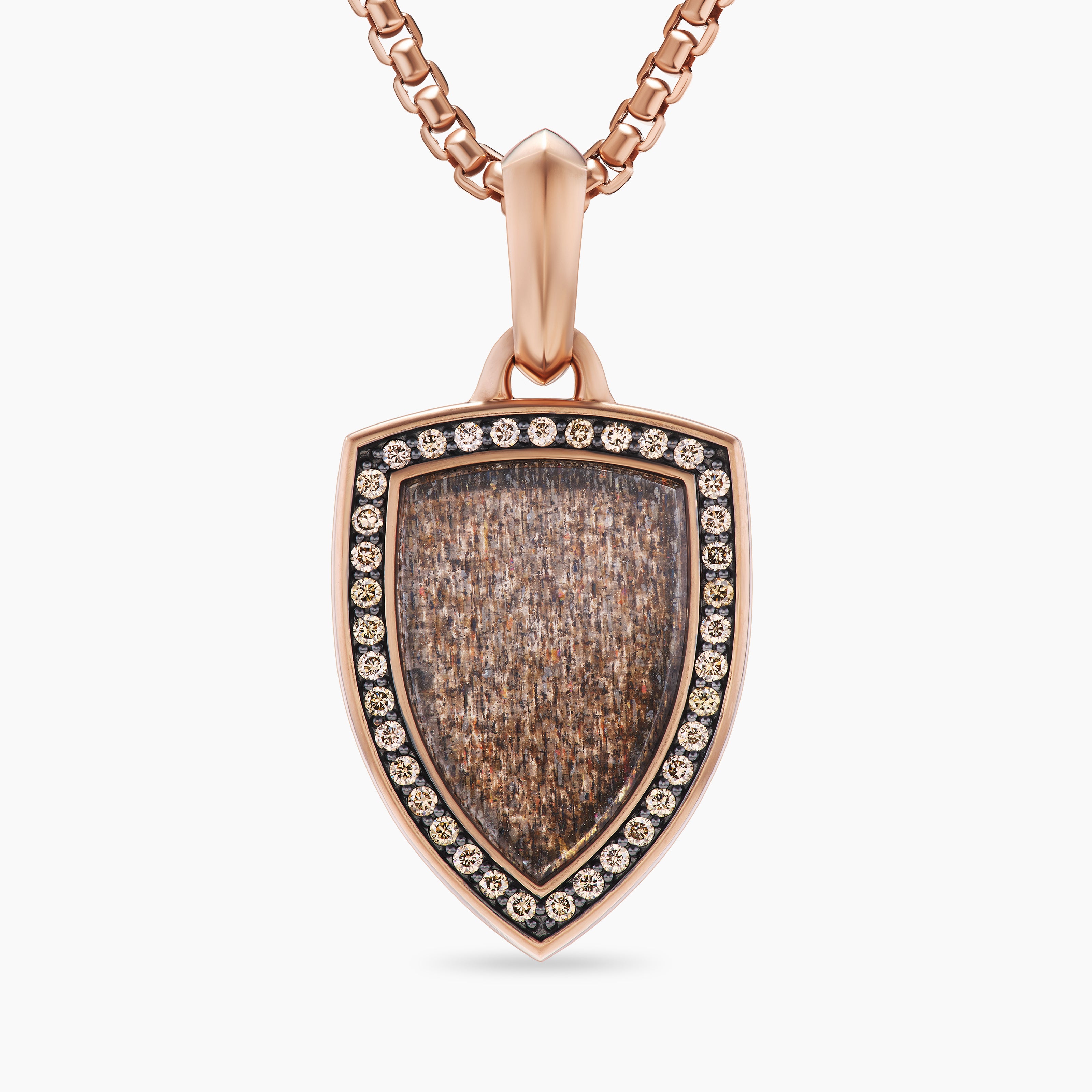 Mens Shield Amulet in 18K Rose Gold with Black Sun Stone and Cognac Diamonds, 27mm