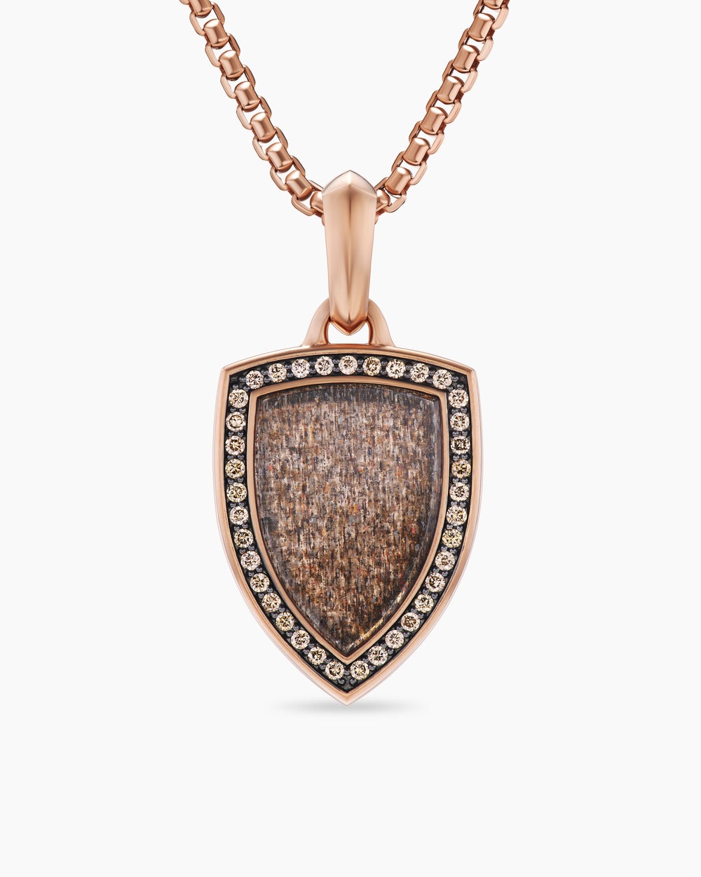 Mens Shield Amulet in 18K Rose Gold with Black Sun Stone and Cognac Diamonds, 27mm