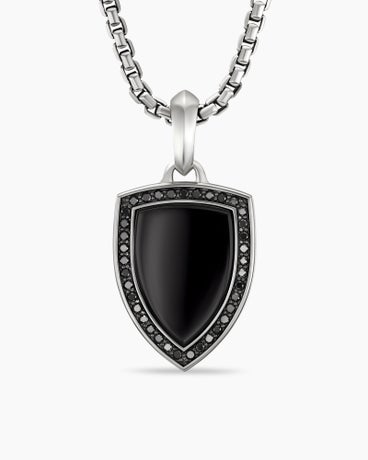 Amulette bouclier en argent massif avec onyx noir et diamants noirs, 27 mm