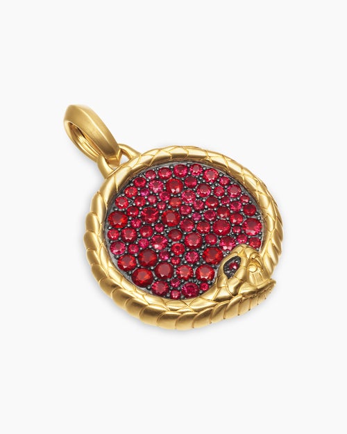 Mens Ouroboros Amulet in 18K Yellow Gold with Rubies, 25mm