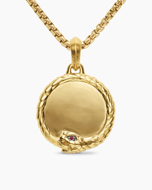 Mens Ouroboros Amulet in 18K Yellow Gold with Rubies, 25mm