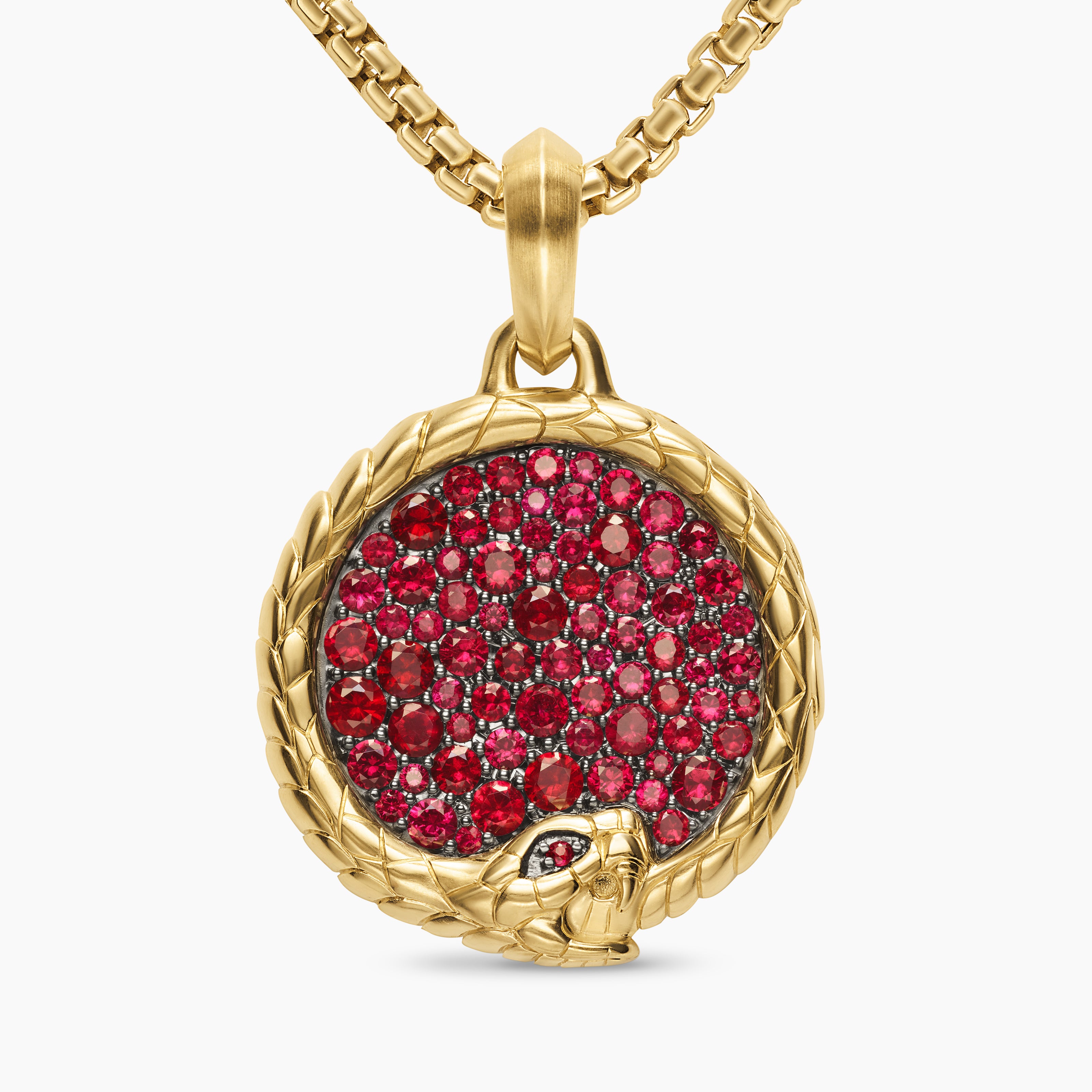 Mens Ouroboros Amulet in 18K Yellow Gold with Rubies, 25mm