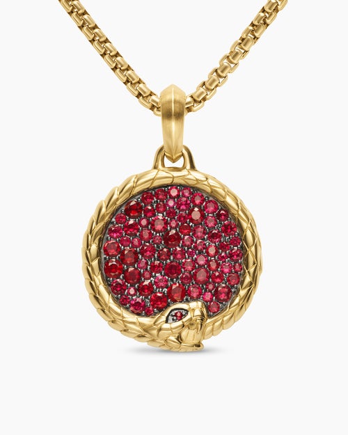 Mens Ouroboros Amulet in 18K Yellow Gold with Rubies, 25mm