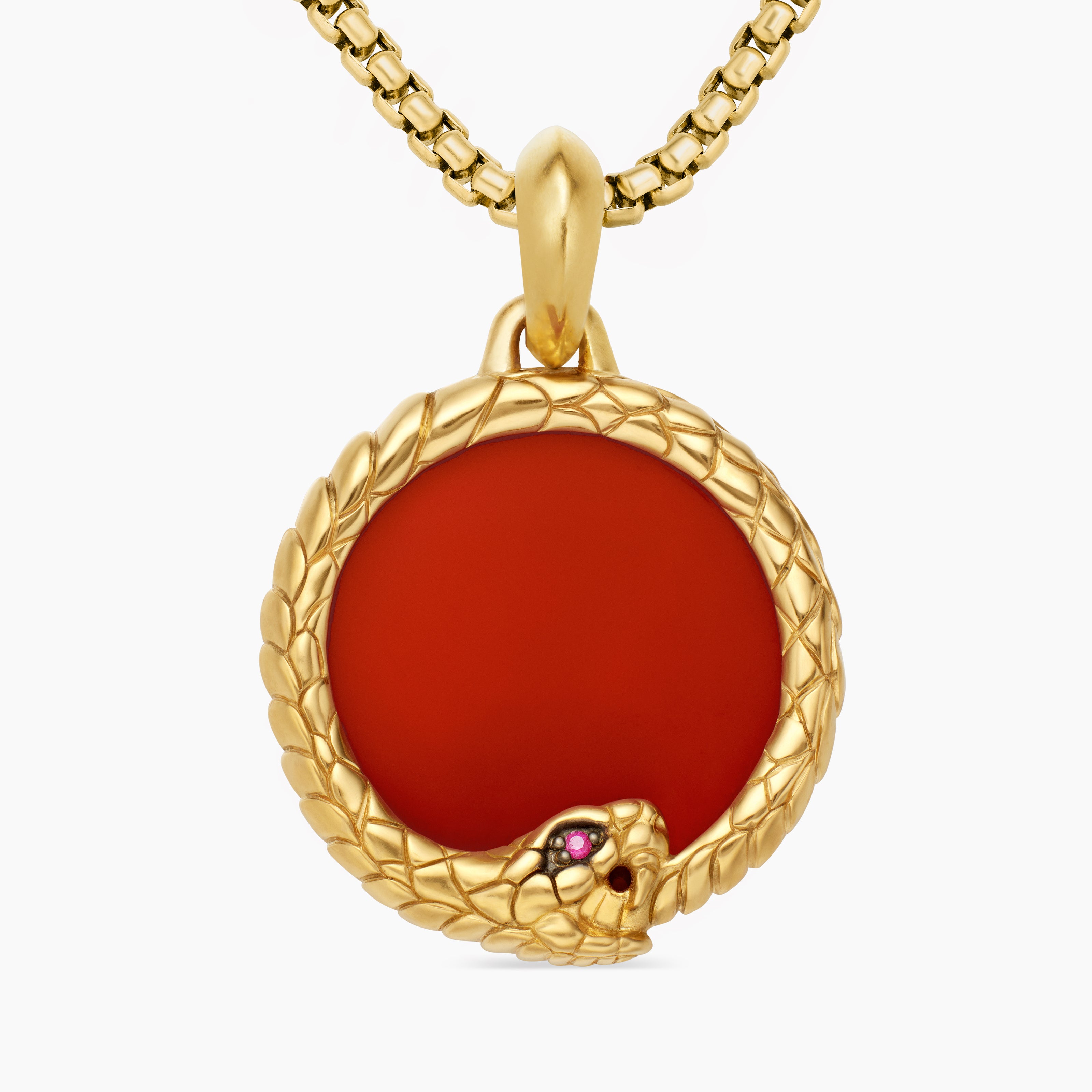 Mens Ouroboros Amulet in 18K Yellow Gold with Carnelian and Ruby, 25mm