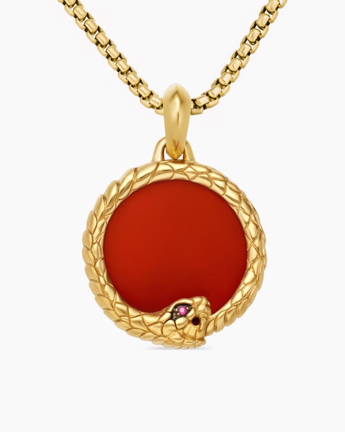 Mens Ouroboros Amulet in 18K Yellow Gold with Carnelian and Ruby, 25mm