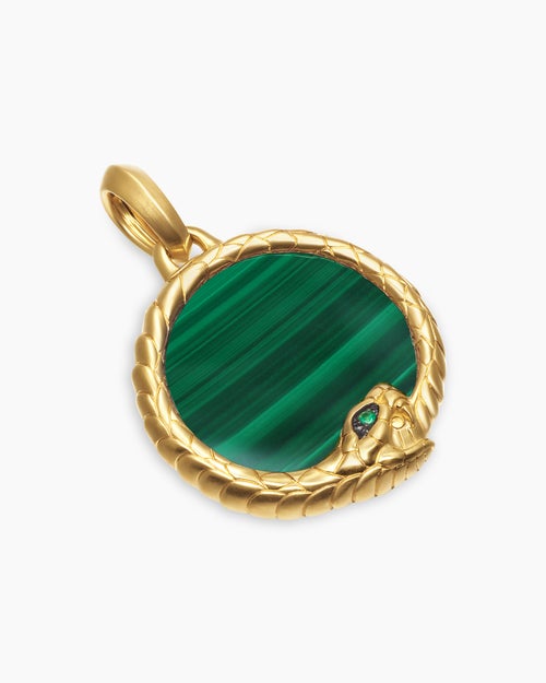 Mens Ouroboros Amulet in 18K Yellow Gold with Malachite and Emerald, 25mm