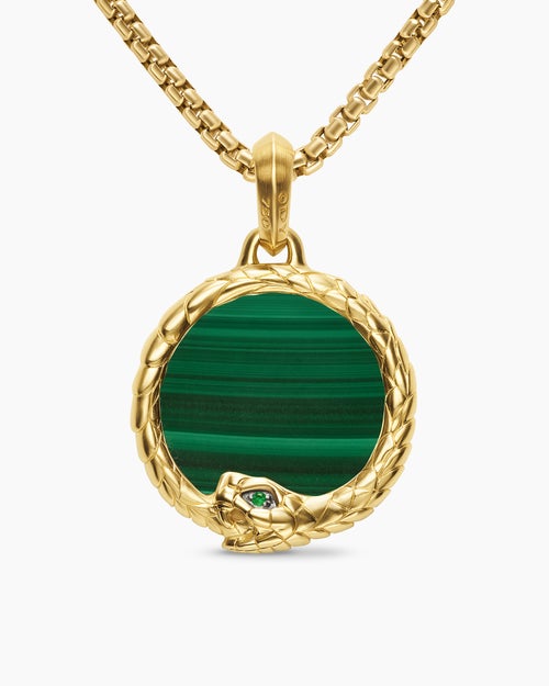 Mens Ouroboros Amulet in 18K Yellow Gold with Malachite and Emerald, 25mm