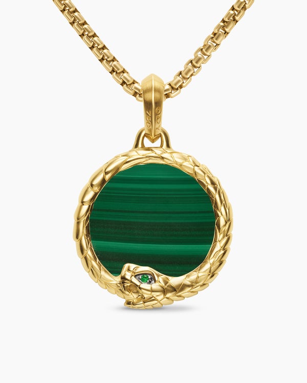 Ouroboros Amulet in 18K Yellow Gold with Malachite and Emerald, 25mm