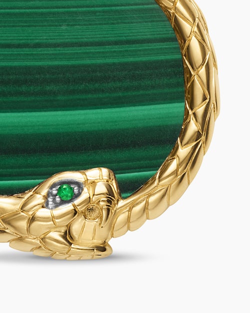 Mens Ouroboros Amulet in 18K Yellow Gold with Malachite and Emerald, 25mm