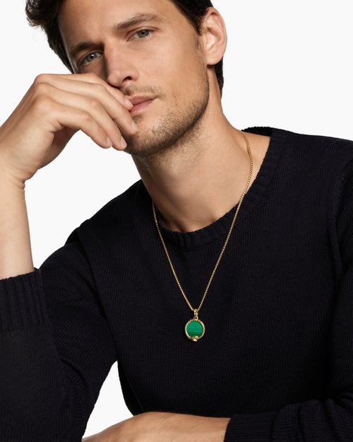 Mens Ouroboros Amulet in 18K Yellow Gold with Malachite and Emerald, 25mm