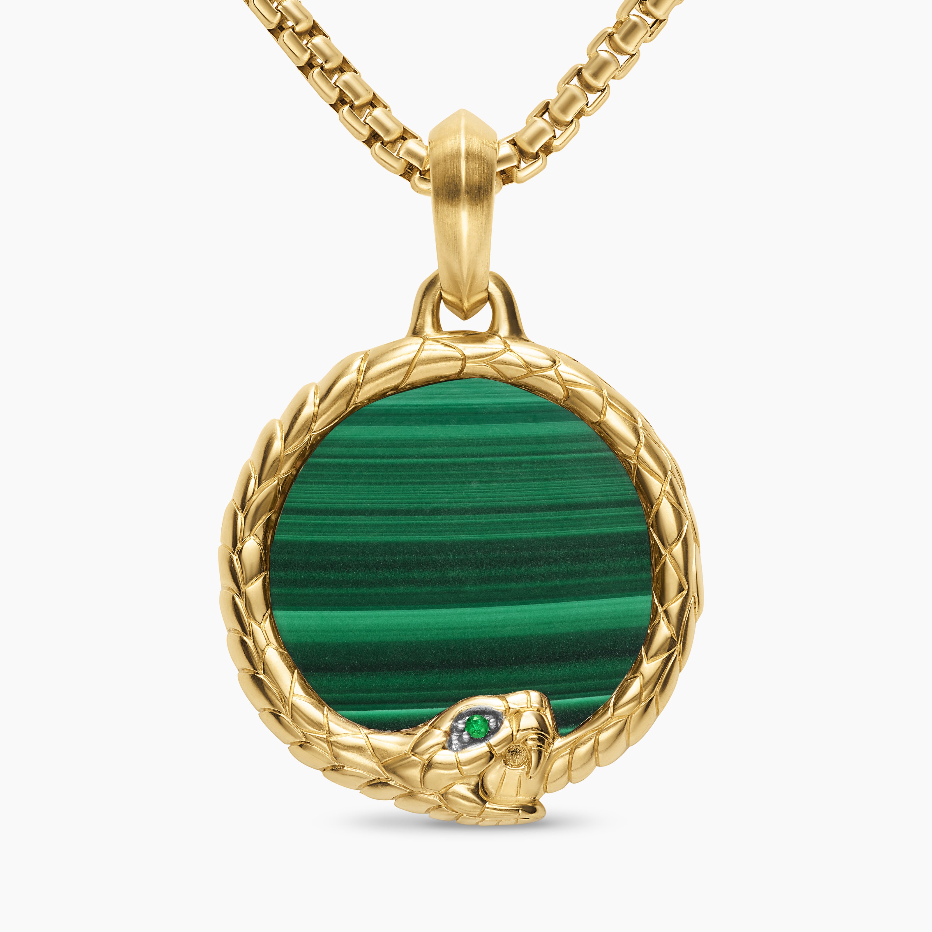 Mens Ouroboros Amulet in 18K Yellow Gold with Malachite and Emerald, 25mm