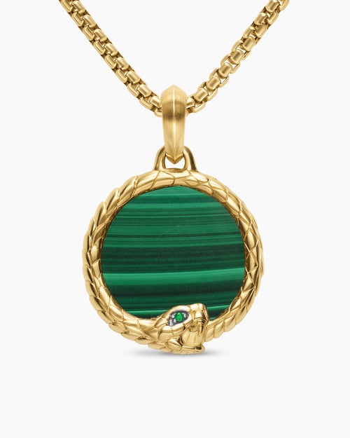 Mens Ouroboros Amulet in 18K Yellow Gold with Malachite and Emerald, 25mm