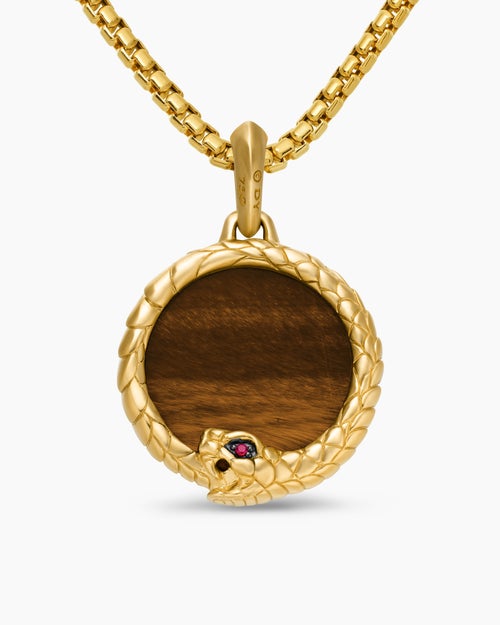 Mens Ouroboros Amulet in 18K Yellow Gold with Tiger’s Eye and Ruby, 25mm