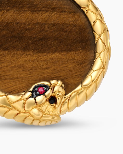 Mens Ouroboros Amulet in 18K Yellow Gold with Tiger’s Eye and Ruby, 25mm