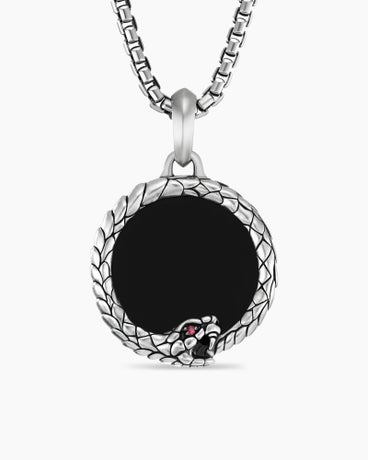 Cairo Ouroboros Amulet in Sterling Silver with Black Onyx and Ruby, 25mm