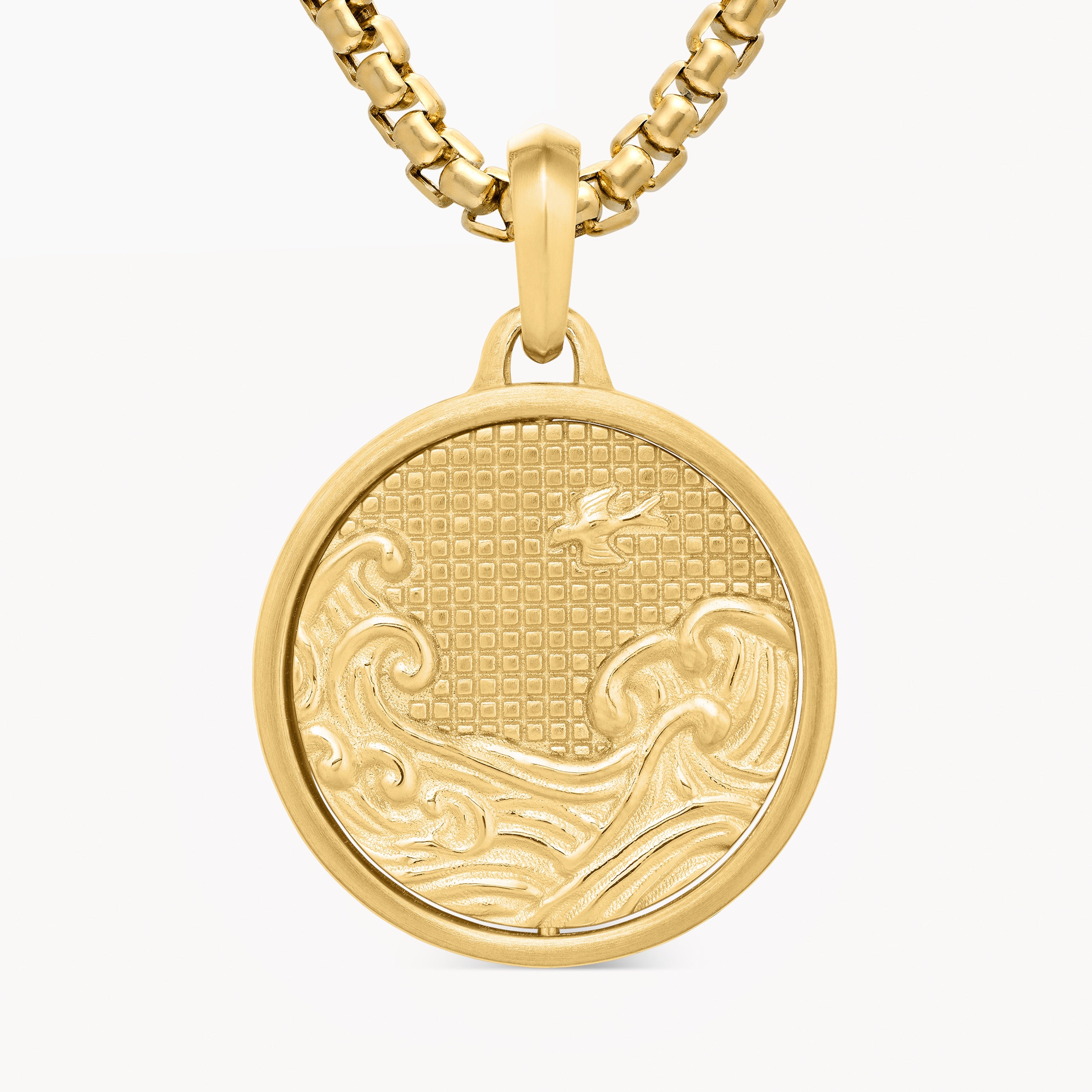 Mens Water and Fire Duality Amulet in 18K Yellow Gold, 24mm