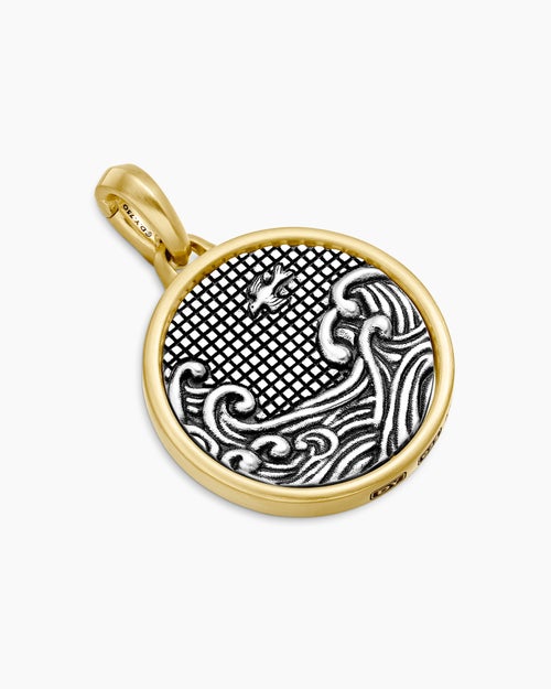 Mens Water and Fire Duality Amulet in Sterling Silver with 18K Yellow Gold, 24mm
