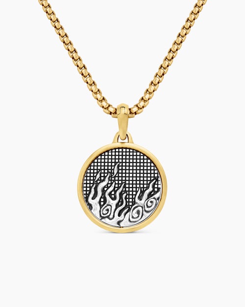 Mens Water and Fire Duality Amulet in Sterling Silver with 18K Yellow Gold, 24mm
