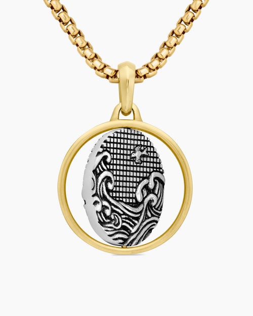 Mens Water and Fire Duality Amulet in Sterling Silver with 18K Yellow Gold, 24mm