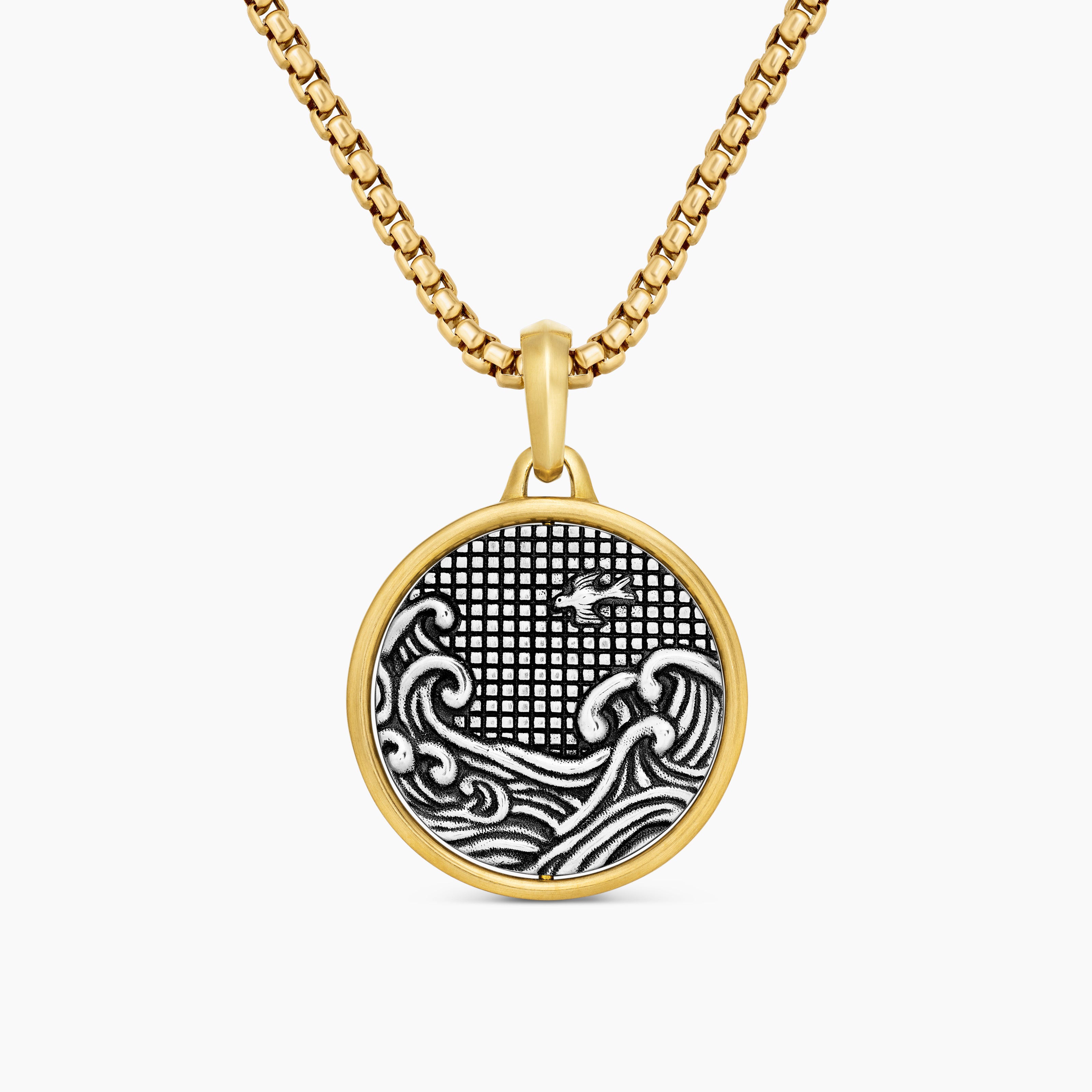 Mens Water and Fire Duality Amulet in Sterling Silver with 18K Yellow Gold, 24mm