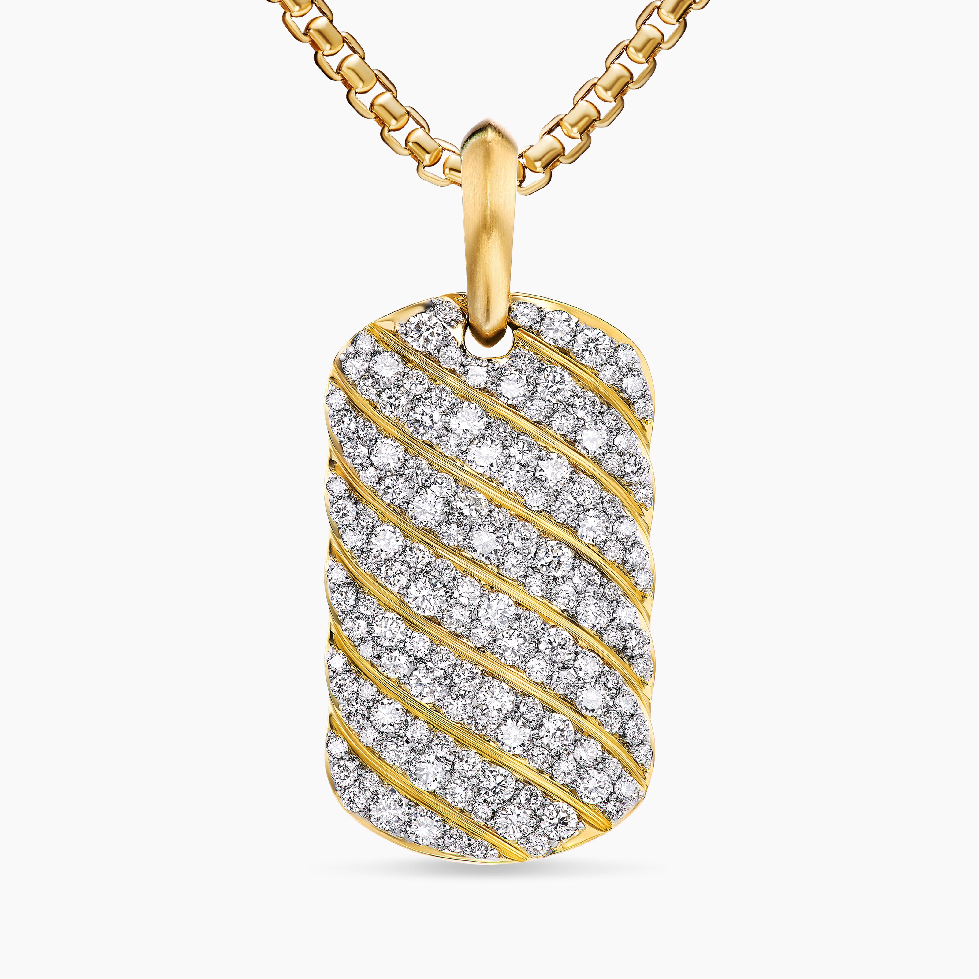 Mens Sculpted Cable Tag in 18K Yellow Gold with Diamonds, 27mm